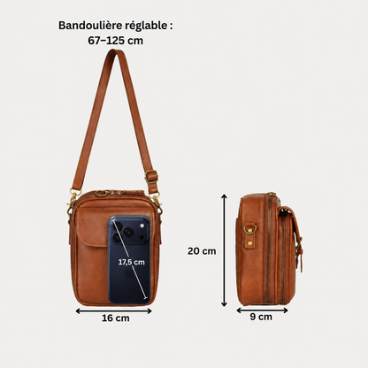 Sac bandoulière cuir, bandoulière réglable, 16×20×9 cm, brun.