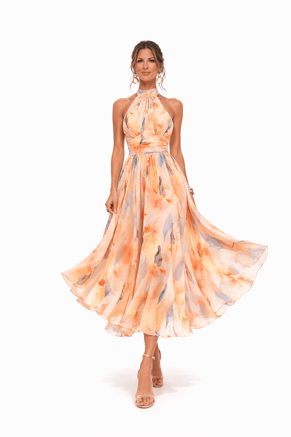 Robe mi-longue sans manches, col américain, imprimé aquarelle, jupe ample