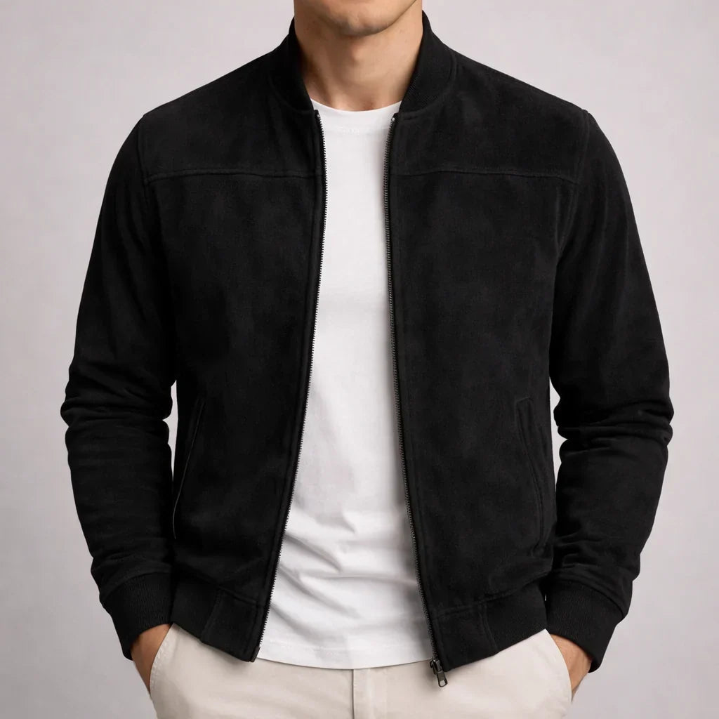 Blouson bomber moderne noir en tissu suédé, fermeture zippée, col et poignets côtelés