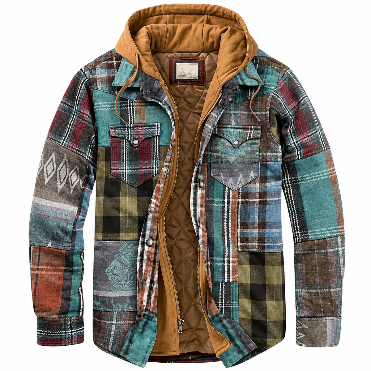 Veste urbaine à capuche en tissu à carreaux vert et bleu, doublure marron