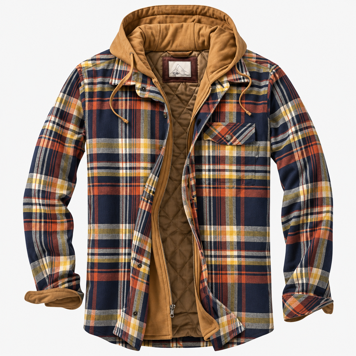 Veste urbaine à capuche en tissu à carreaux bleu et orange, doublure marron