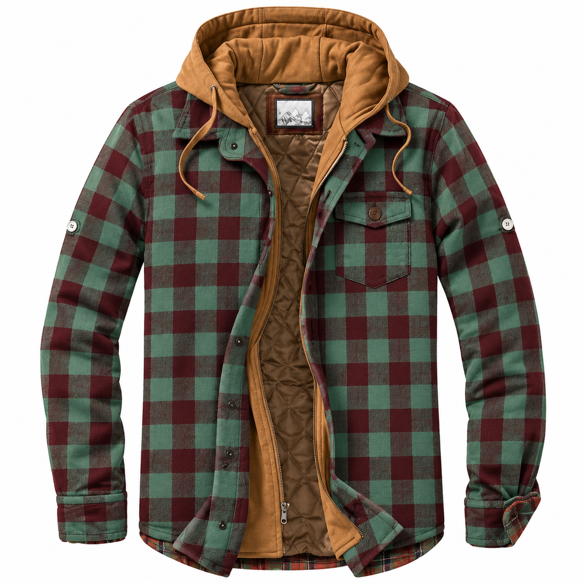 Veste urbaine à capuche en tissu à carreaux vert et rouge, doublure marron