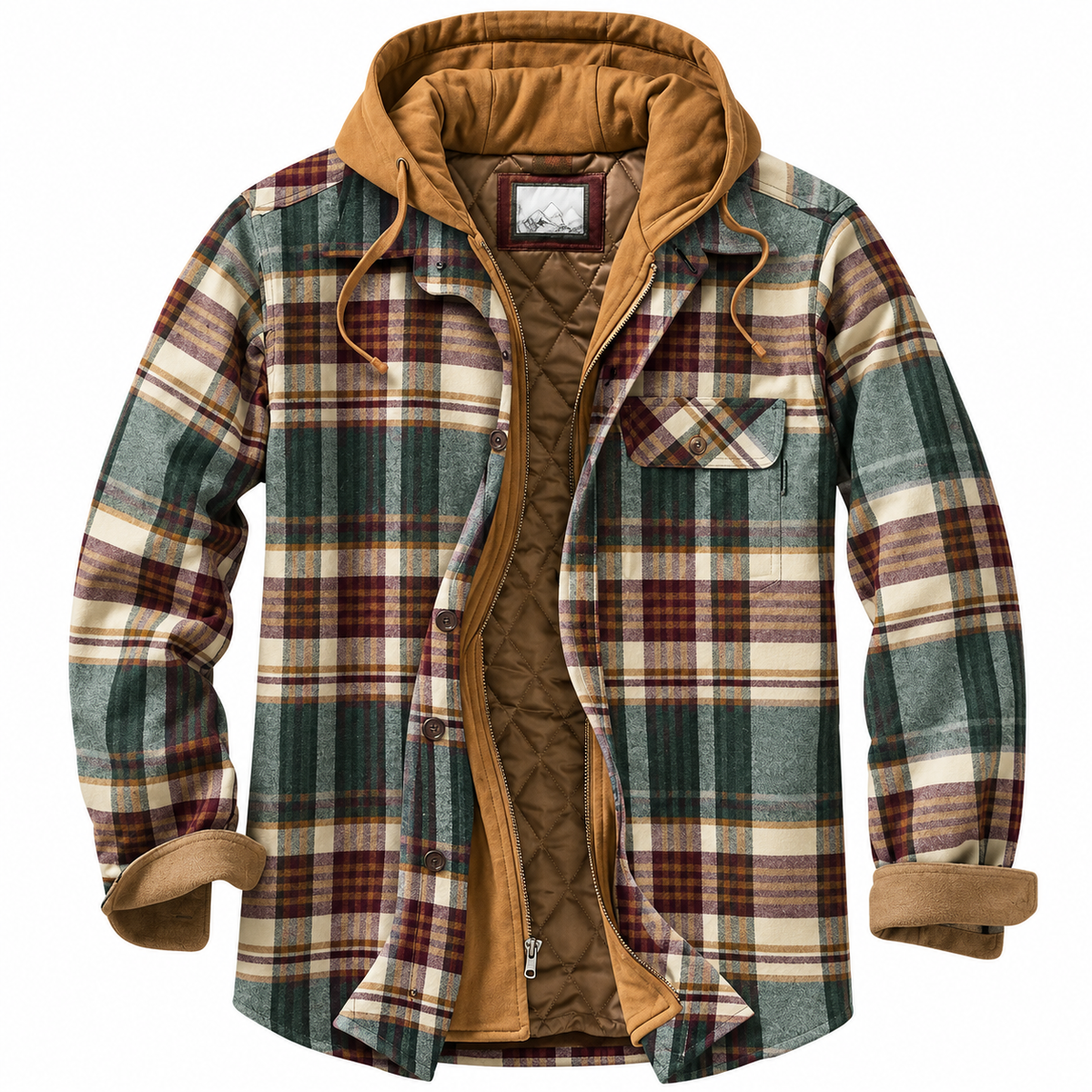 Veste urbaine à capuche en tissu à carreaux vert, beige et marron, doublure marron