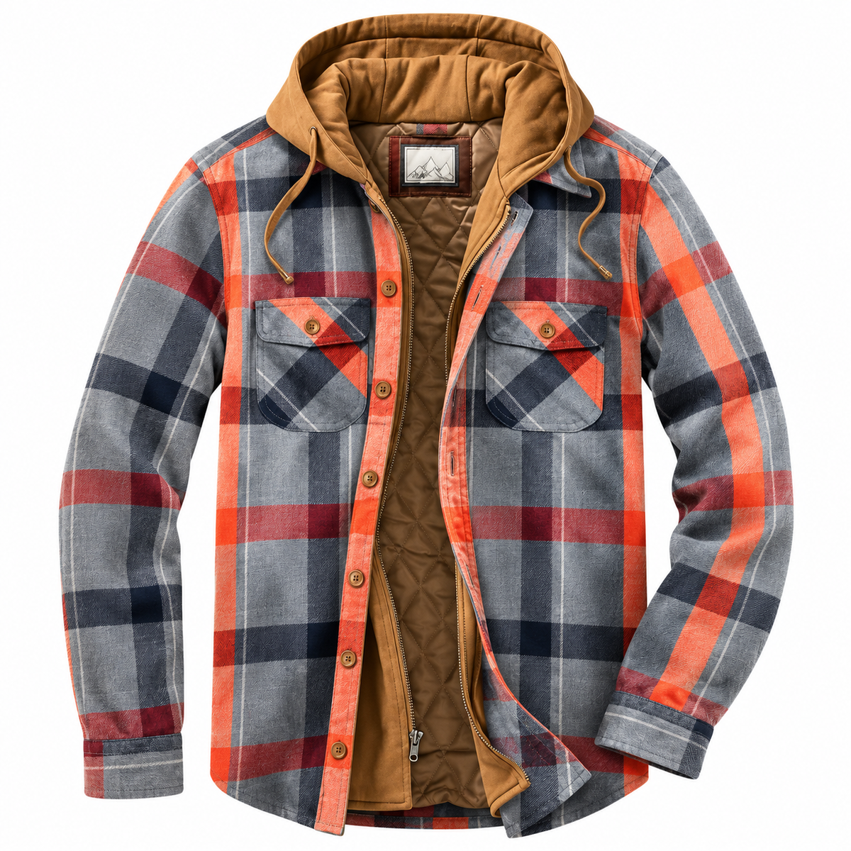 Veste urbaine à capuche en tissu à carreaux gris et rouge, doublure marron