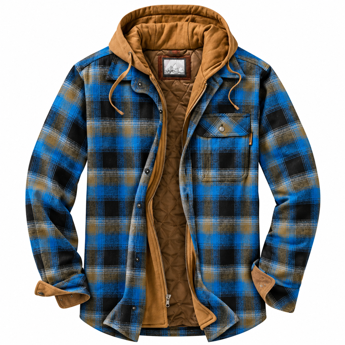 Veste urbaine à capuche en tissu à carreaux bleu, doublure marron