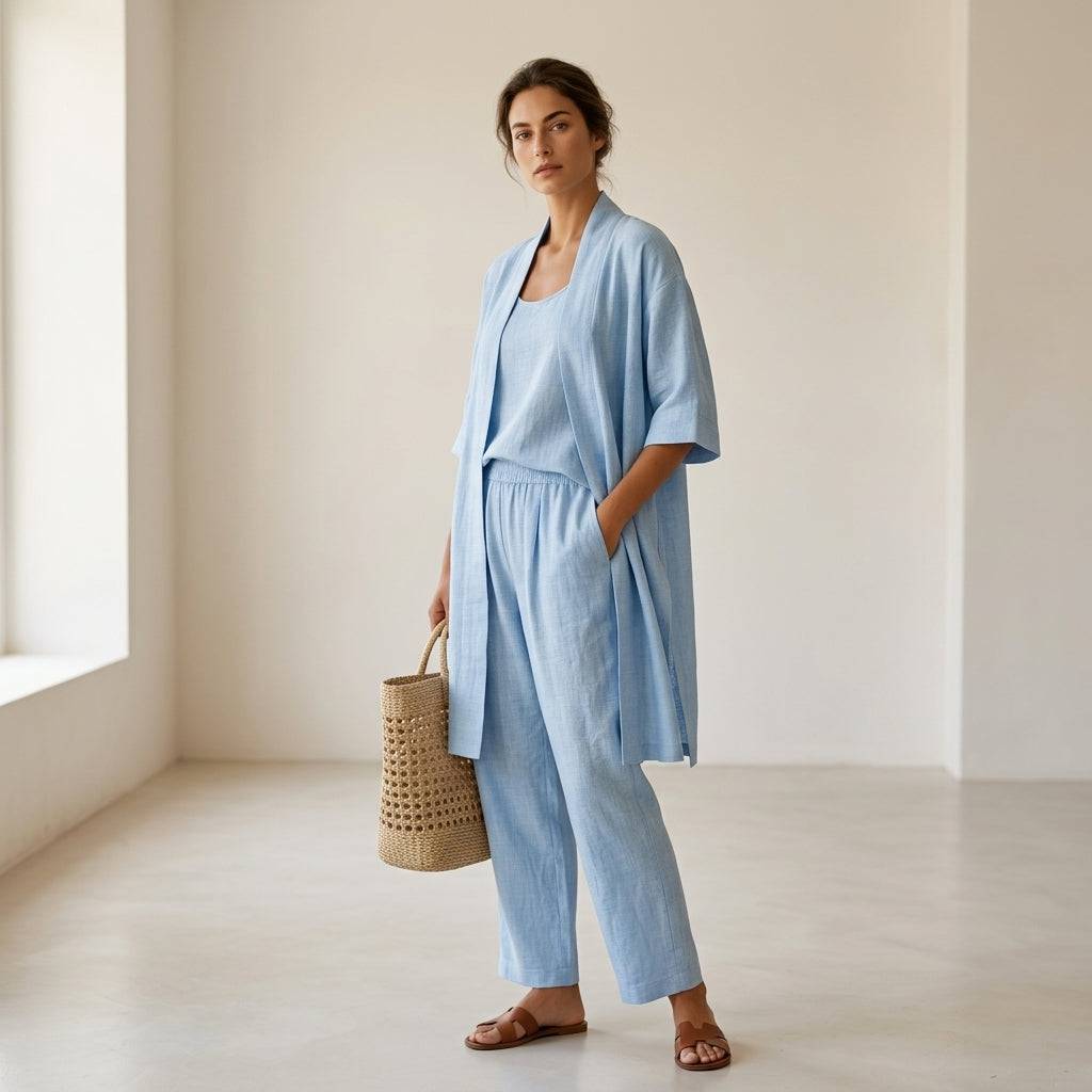 Ensemble en lin bleu clair : veste kimono et pantalon ample, avec top coordonné