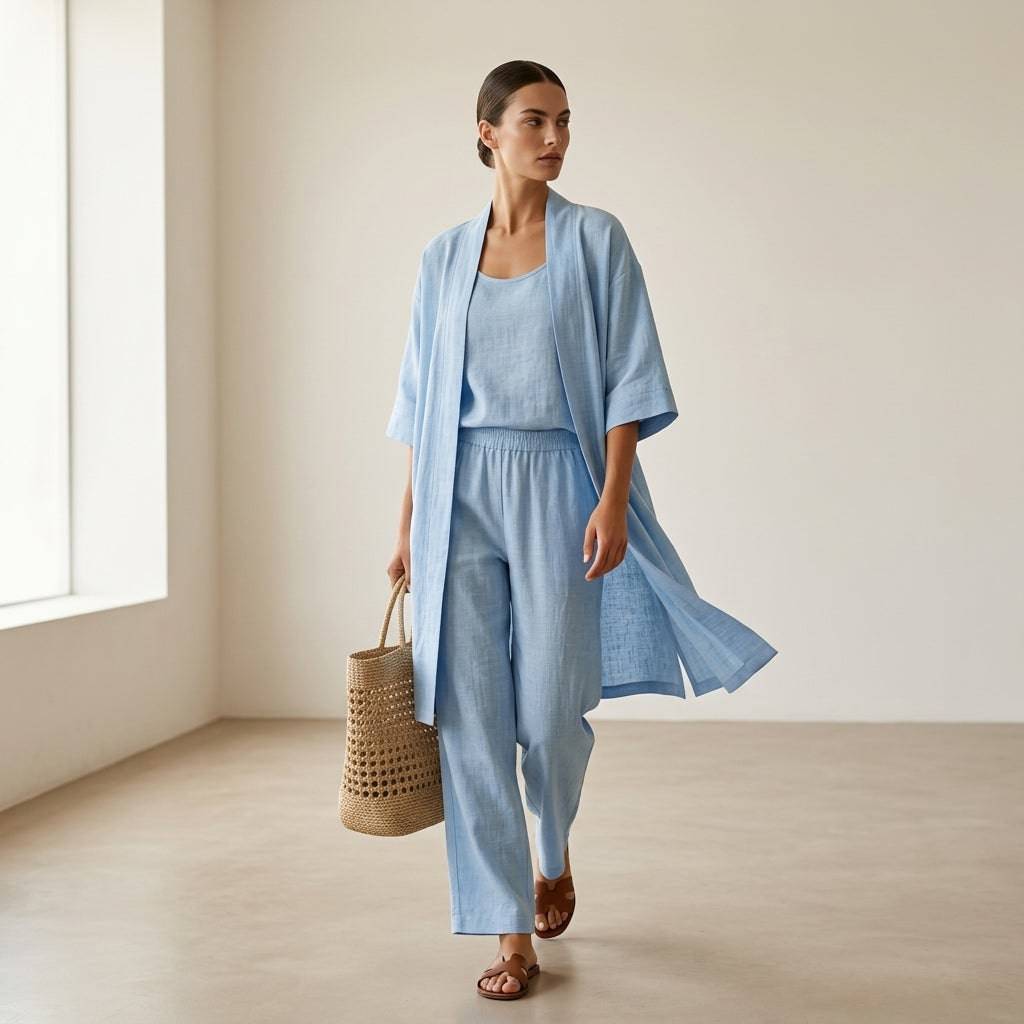Ensemble en lin bleu clair : veste kimono ouverte, pantalon fluide et haut à bretelles