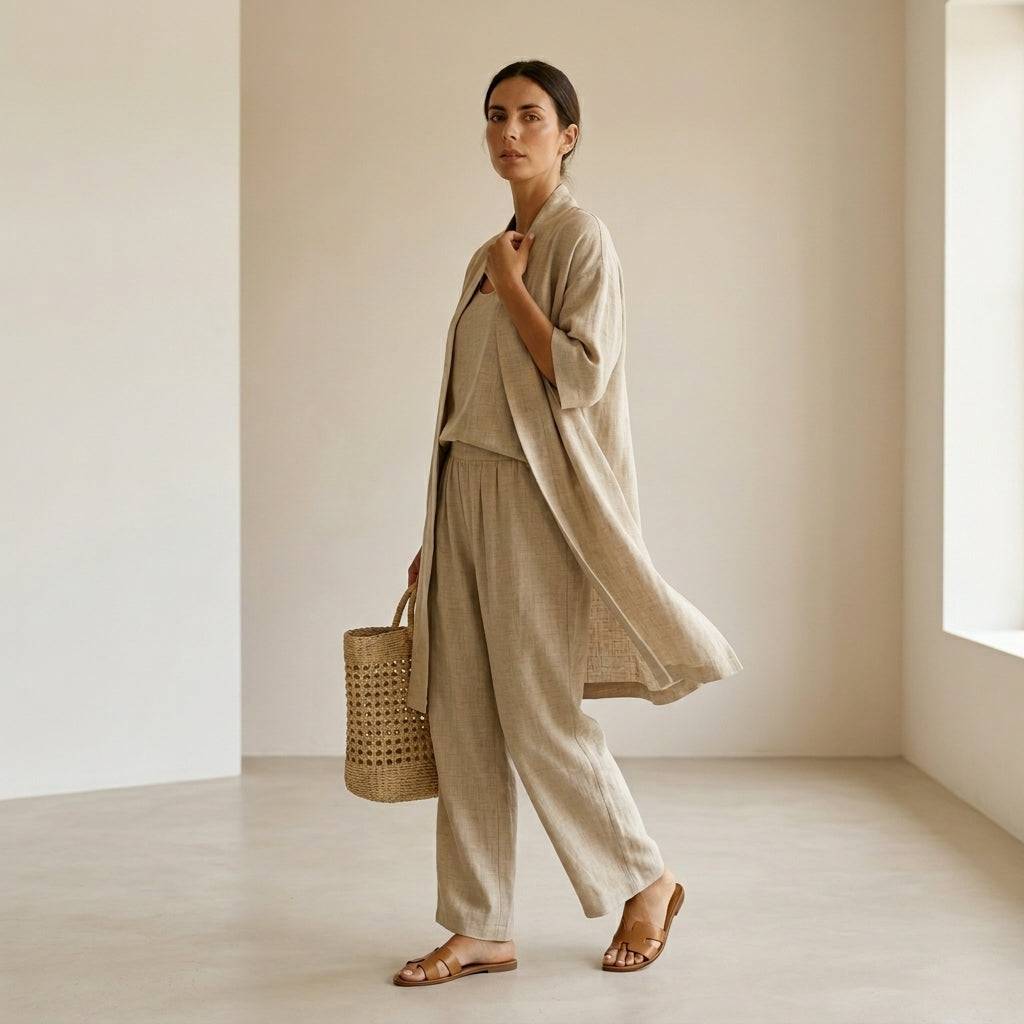 Ensemble en lin kaki/beige : veste ample, pantalon fluide et haut à bretelles