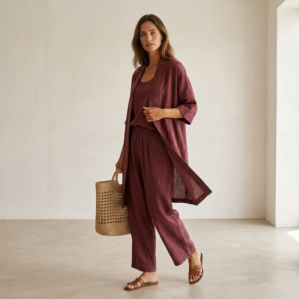 Ensemble en lin vin rouge : veste kimono ouverte, pantalon fluide et haut à bretelles