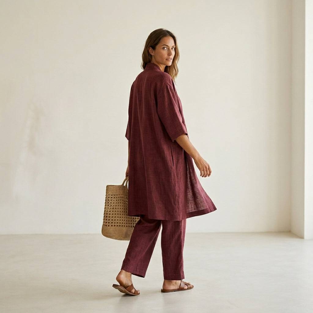 Ensemble en lin vin rouge : haut à bretelles, pantalon ample et veste kimono manches courtes