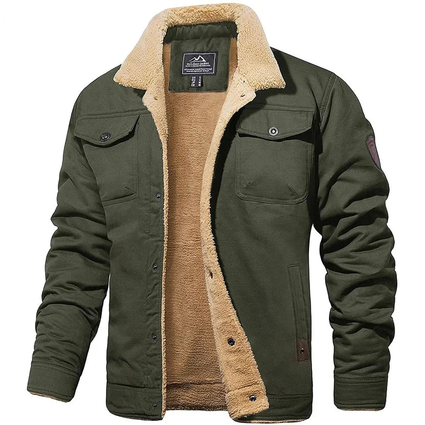 Blouson bomber chaud vert foncé doublé sherpa beige, col montant et poches poitrine.