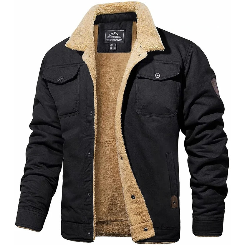Blouson bomber chaud noir doublé sherpa beige, col montant et poches poitrine.