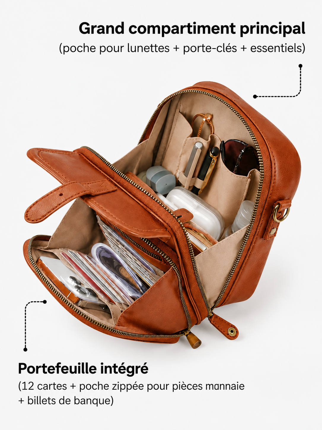 Sac bandoulière avec portefeuille intégré, intérieur organisé, couleur brun cognac.