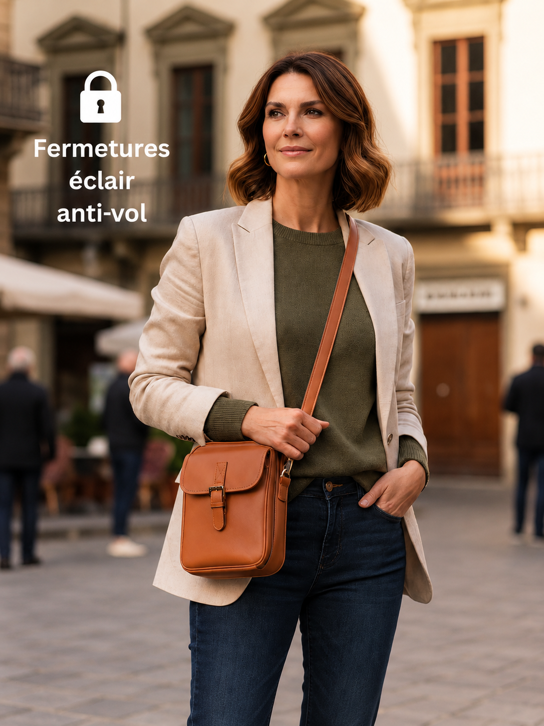 Sac bandoulière en cuir brun, porté en bandoulière, poche zippée visible.