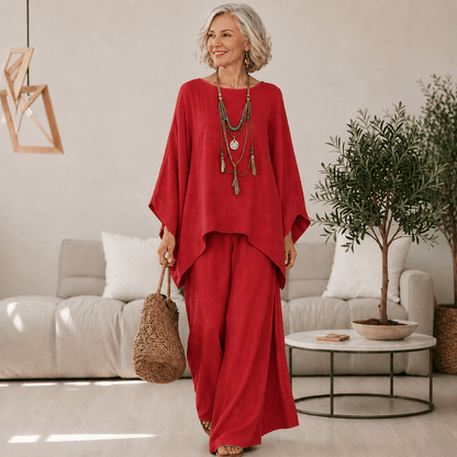 Ensemble rouge ample: tunique et pantalon long assortis, encolure ronde, manches chauve-souris
