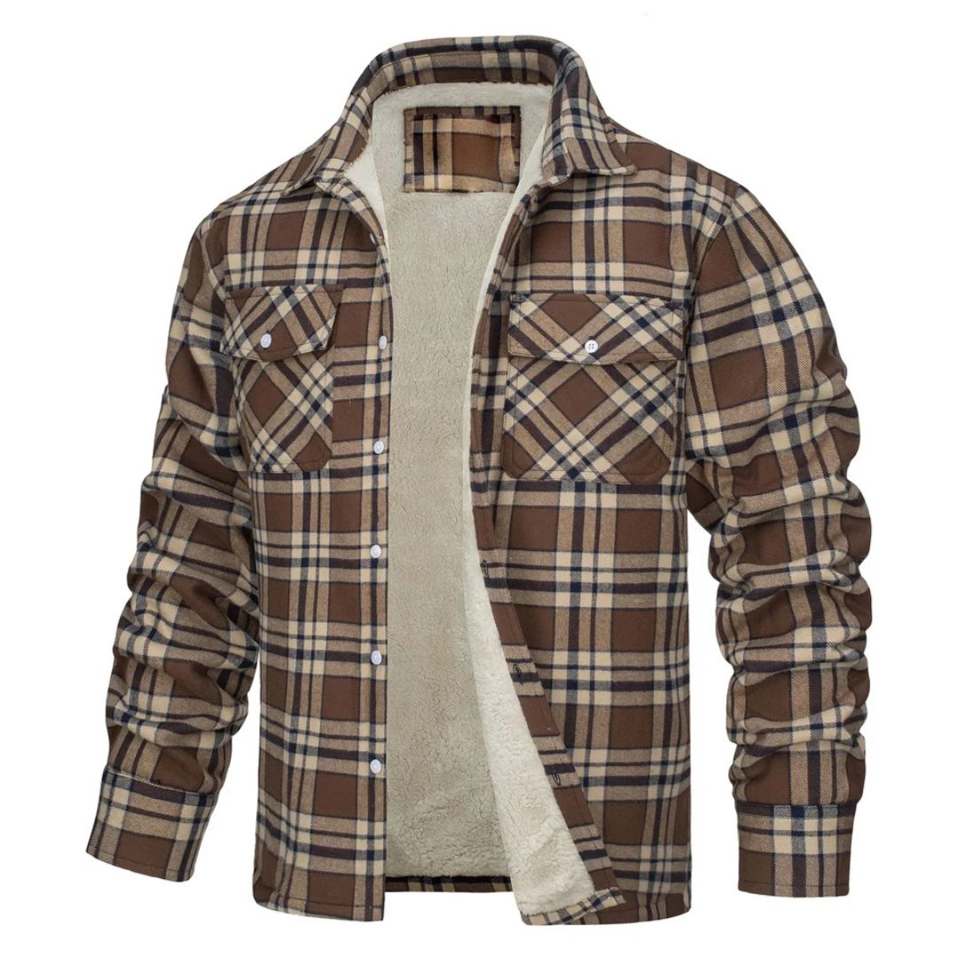 Veste à carreaux doublée polaire, beige et marron, fermeture boutonnée, poches poitrine