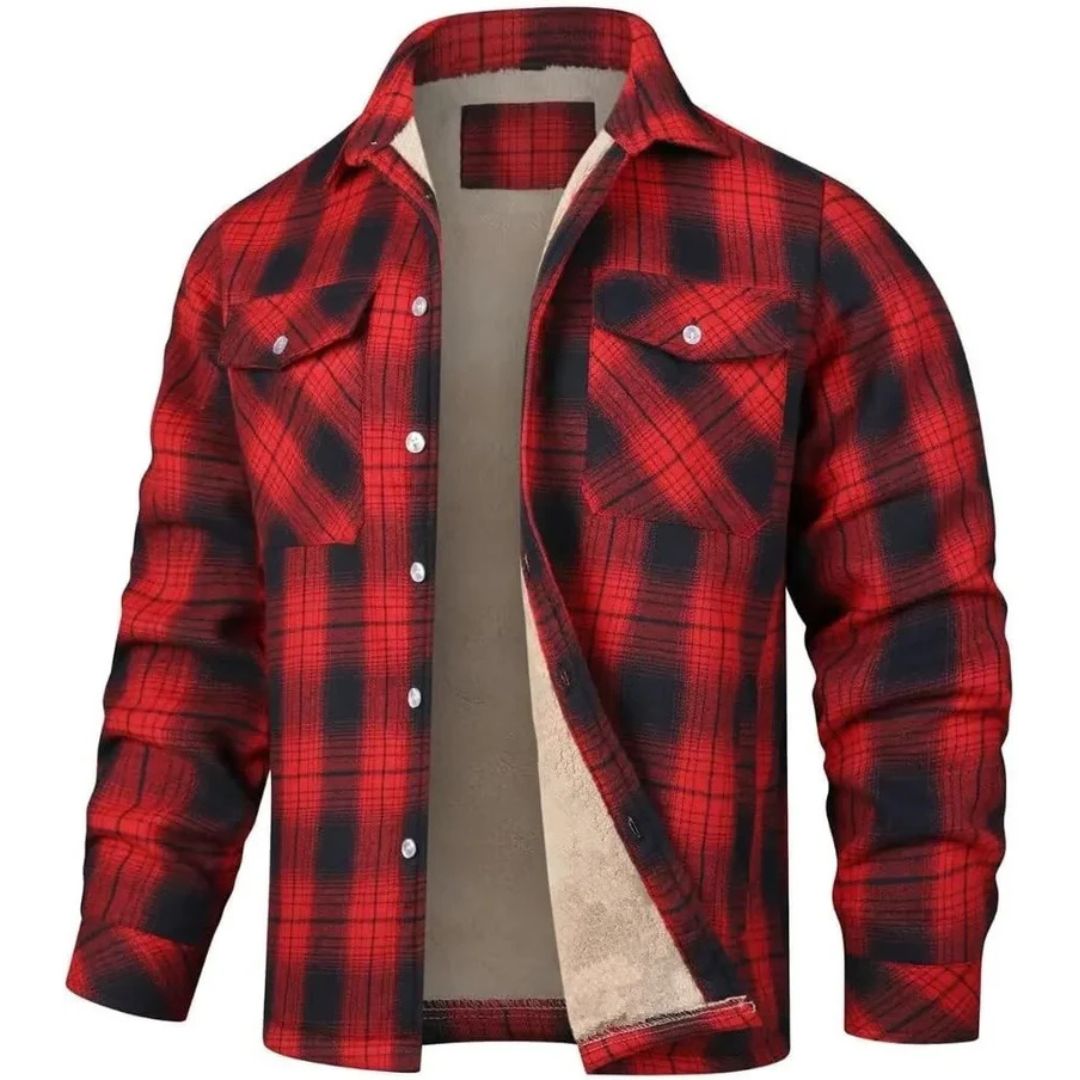Veste à carreaux doublée polaire, rouge et noir, fermeture boutonnée, poches poitrine