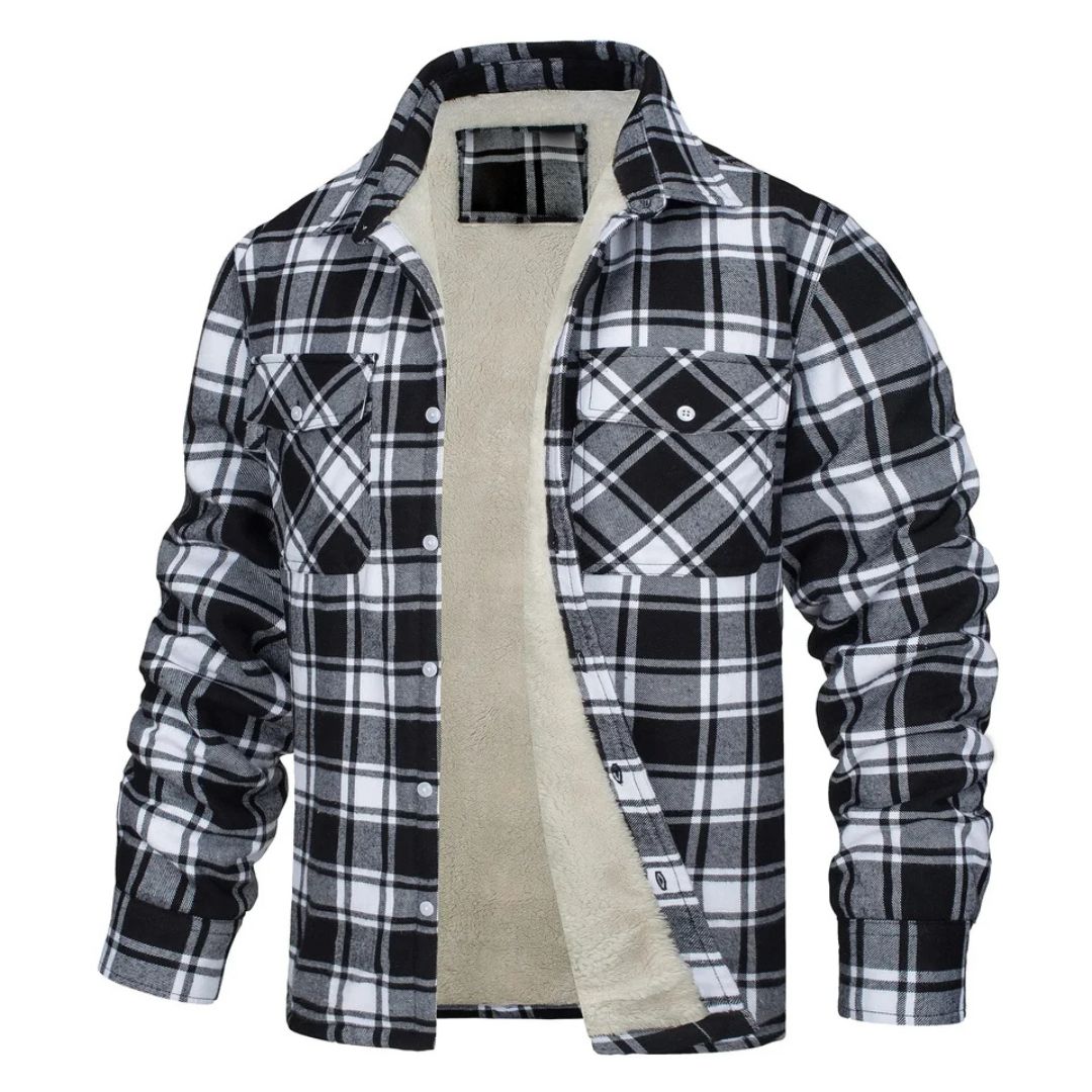 Veste à carreaux doublée polaire, noire et grise, fermeture boutonnée, poches poitrine