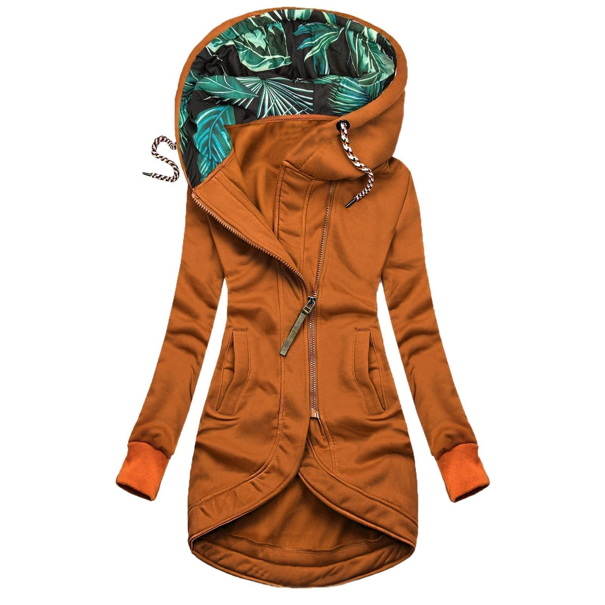 Manteau d’hiver coupe-vent orange à capuche motif feuillage, cordons et zip central