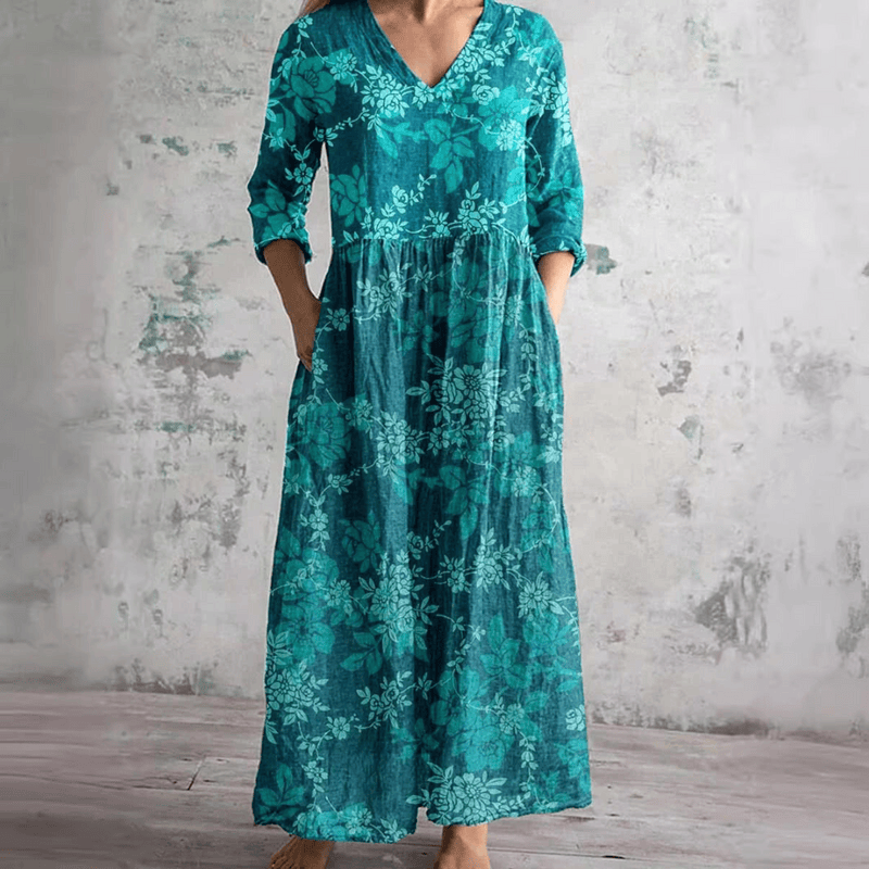 Robe d’été fleurie turquoise, col V, manches 3/4, taille froncée