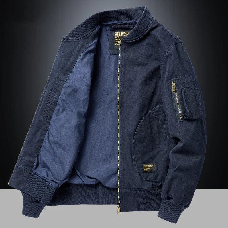 Blouson bomber vintage bleu marine avec doublure intérieure et poche zippée