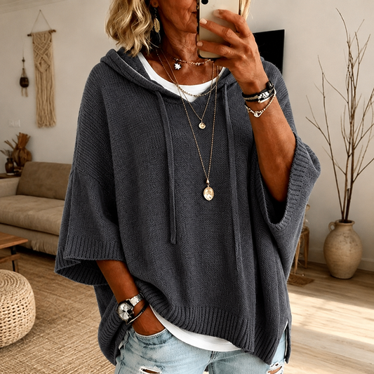 Pull poncho douillet anthracite à capuche et cordon