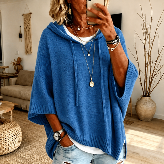 Pull poncho bleu douillet à capuche, ample, manches mi-longues, bord côtelé