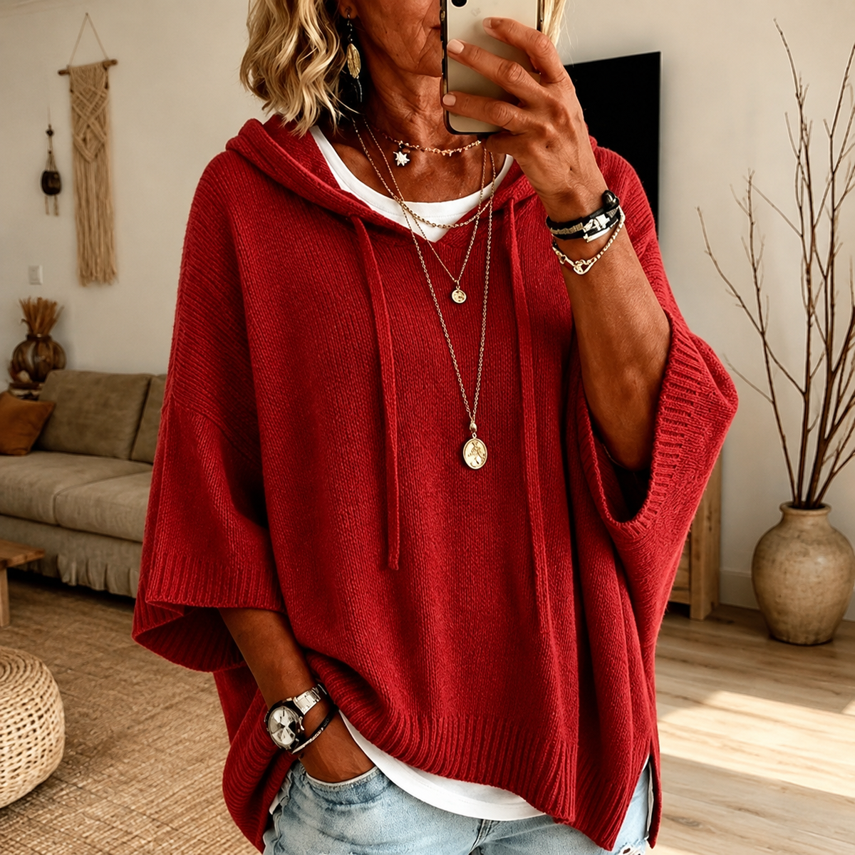 Poncho en maille rouge à capuche, coupe ample