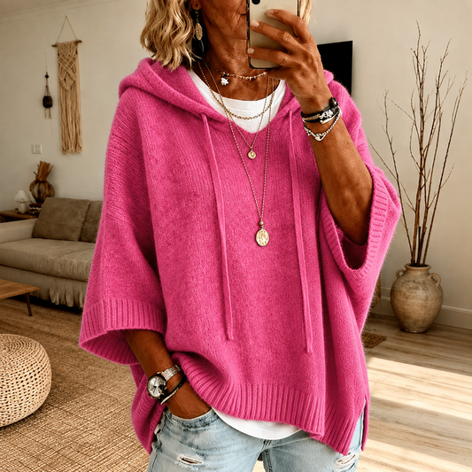 Poncho pull en maille rose vif à capuche, coupe ample, manches chauve-souris