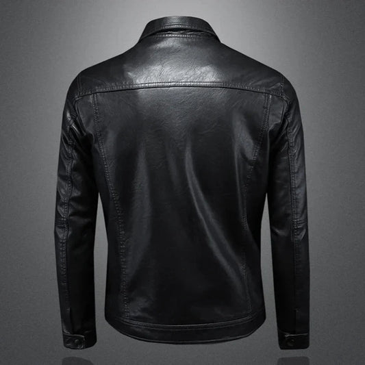 Veste en cuir noire, vue arrière, col montant et manches longues