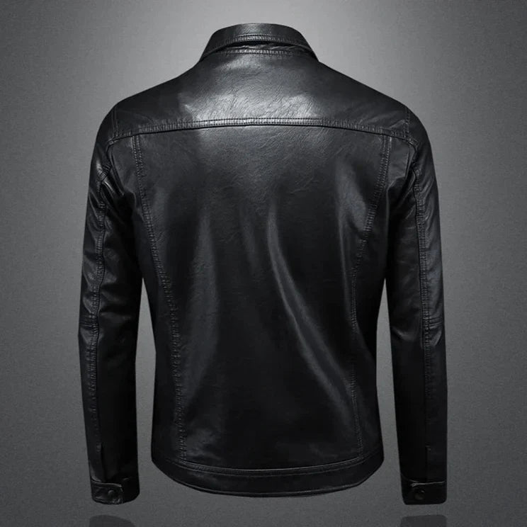 Veste en cuir noire Camden vue de dos, coutures et col à revers