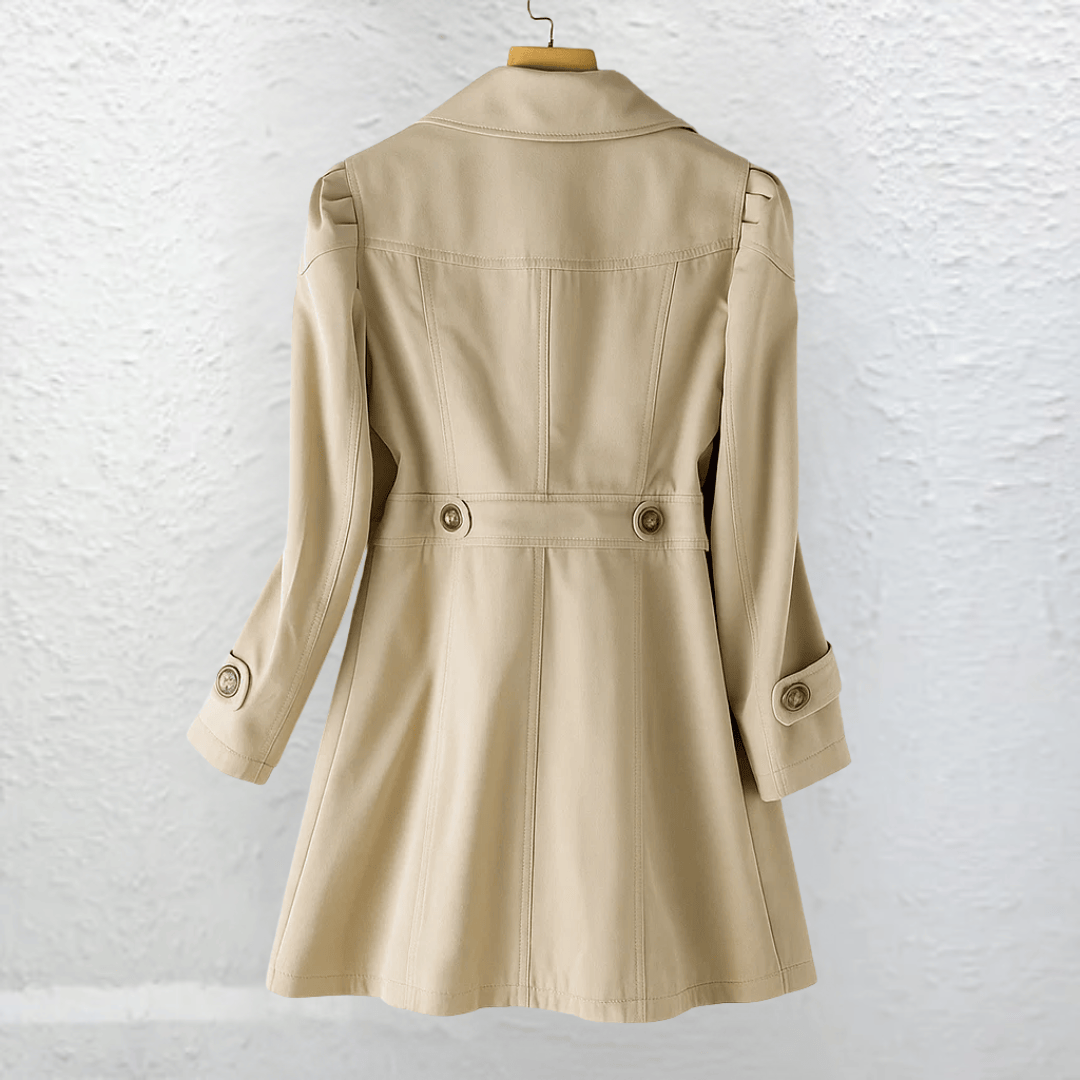 Manteau d’été vintage beige, col tailleur, ceinture à la taille, boutonnage au dos
