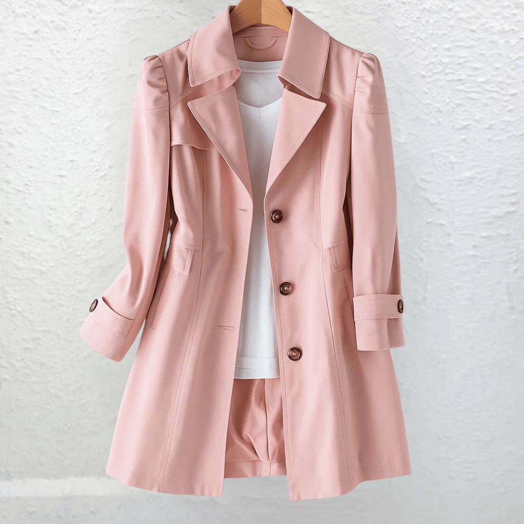 Manteau d’été vintage rose, col à revers, boutons bruns, poches latérales