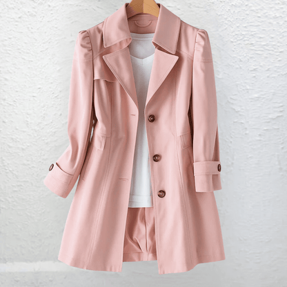 Manteau d’été vintage rose, col à revers, boutons bruns, poches latérales