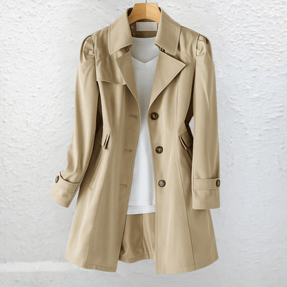 Manteau d’été vintage kaki, col à revers, boutonnage central, poches plaquées