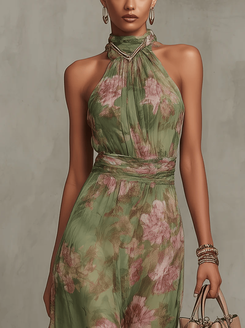 Robe longue fleurie dos ouvert, sans manches, encolure haute nouée, vert sauge et roses.