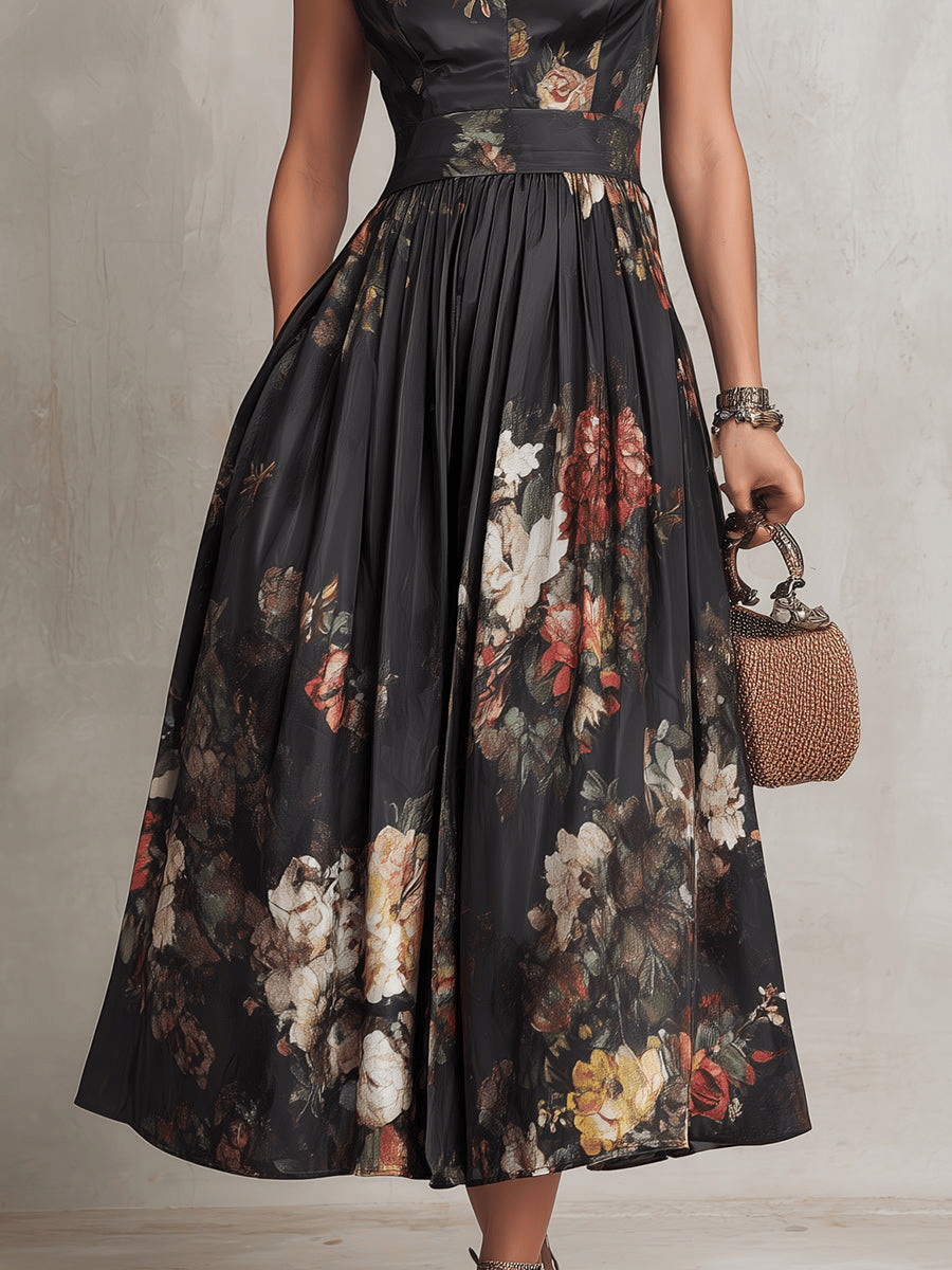 Robe mi-longue noire à jupe plissée, imprimé floral, encolure ouverte type trou de serrure.