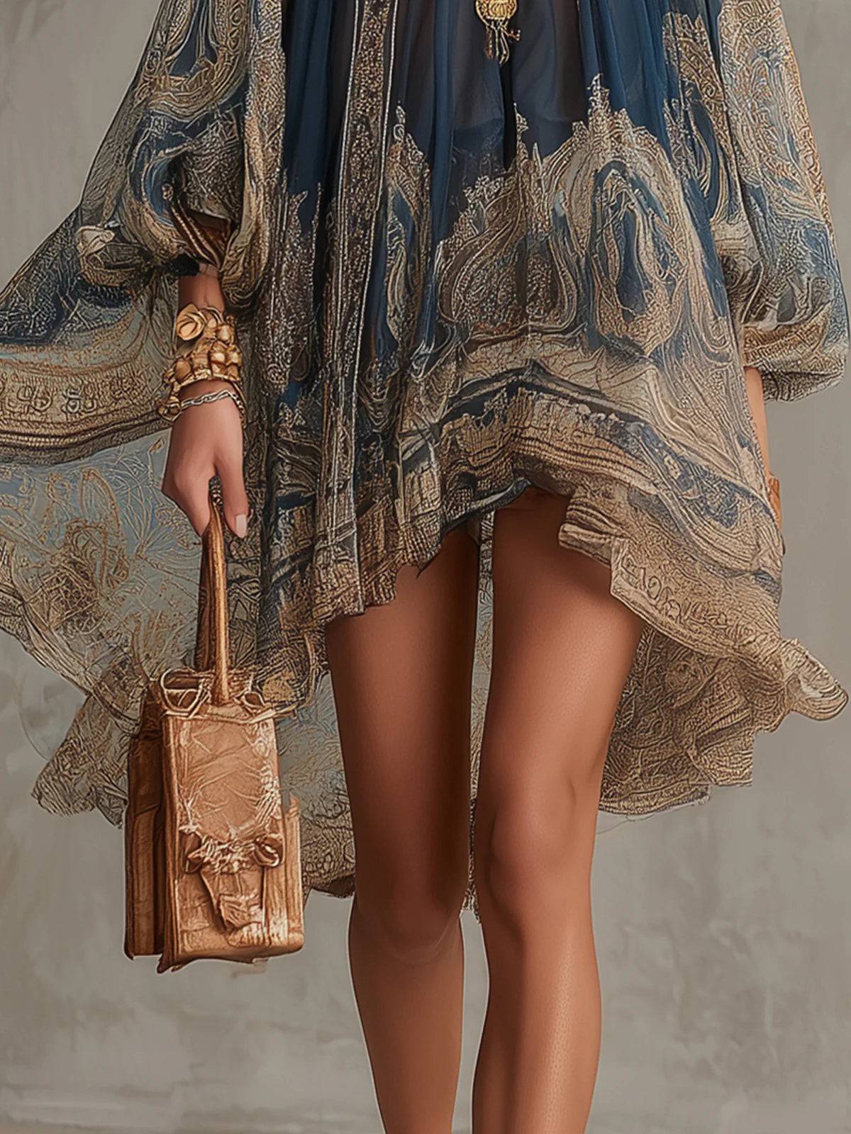 Robe courte en mousseline bleu marine, motifs baroques beige, ourlet asymétrique près du genou.