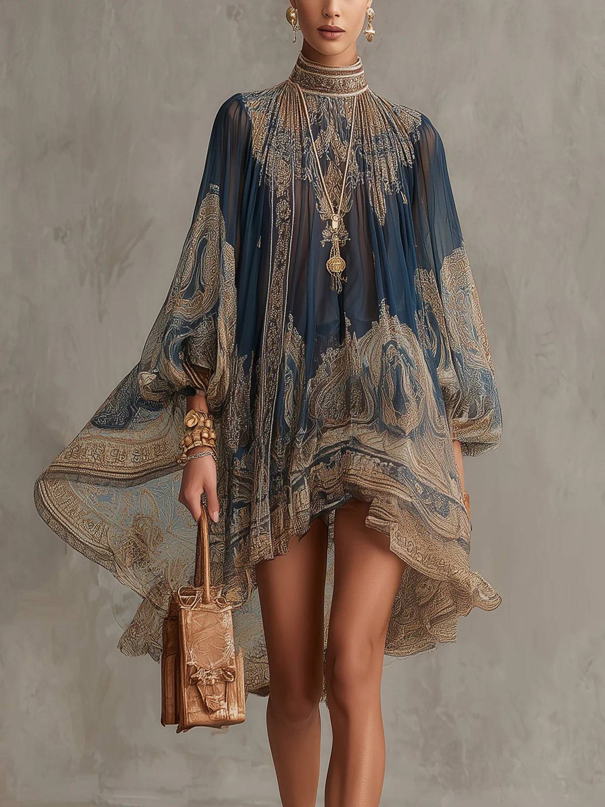 Robe courte bleu marine en mousseline, imprimé baroque beige, col montant, manches bouffantes.