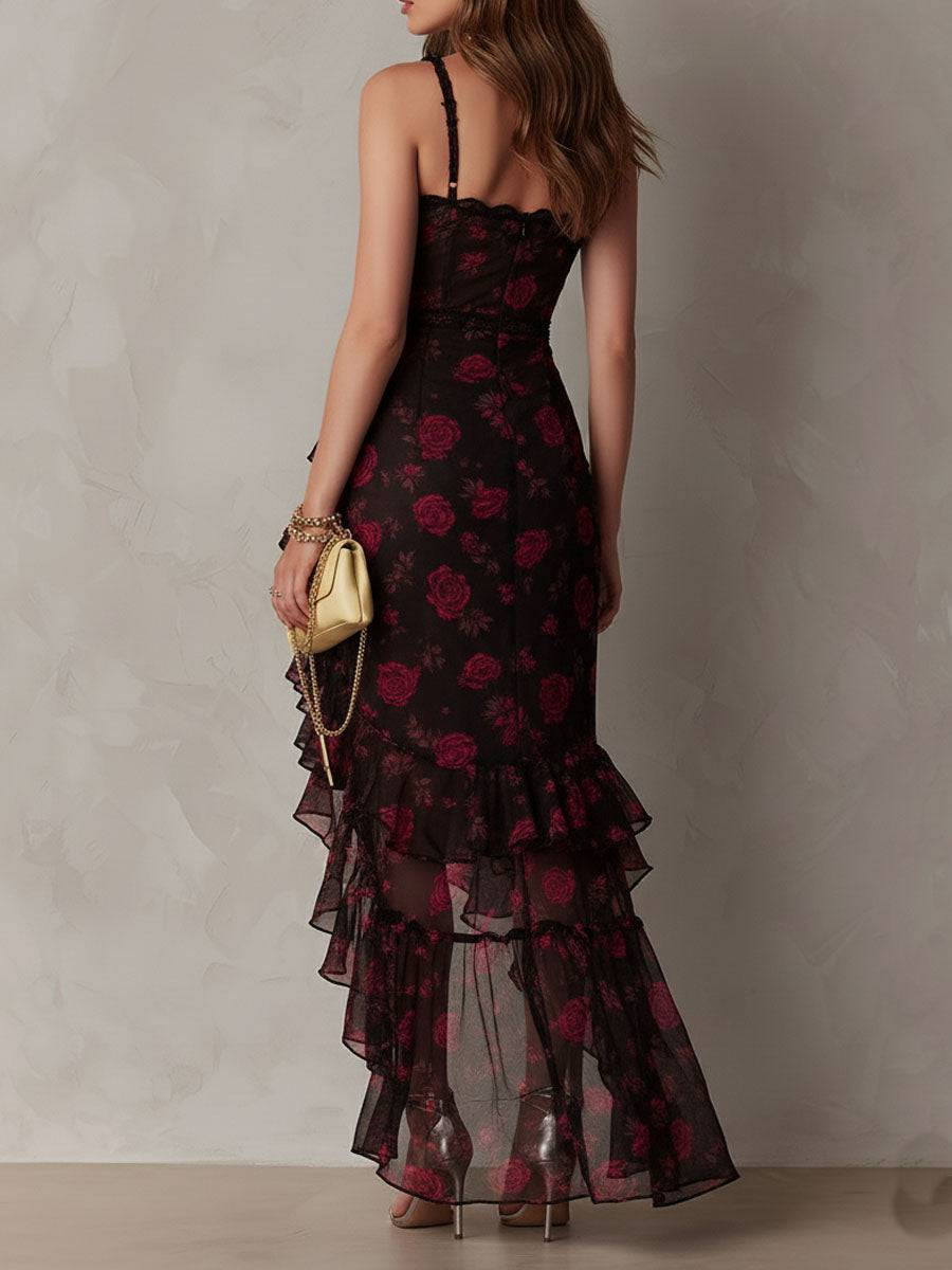 Robe noire à fleurs rouges, ourlet à volants, jupe longue évasée, bretelles