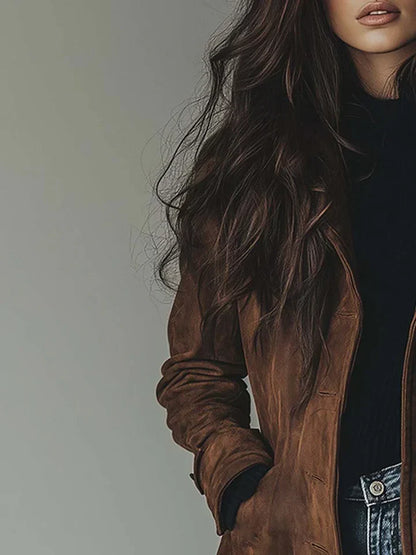 Manteau suédine marron, col droit et boutonnage, manches longues, femme