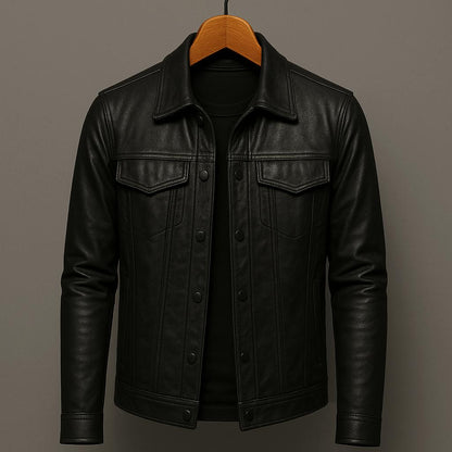 Veste en cuir noire Camden, col à revers, fermeture boutonnée, poches poitrine