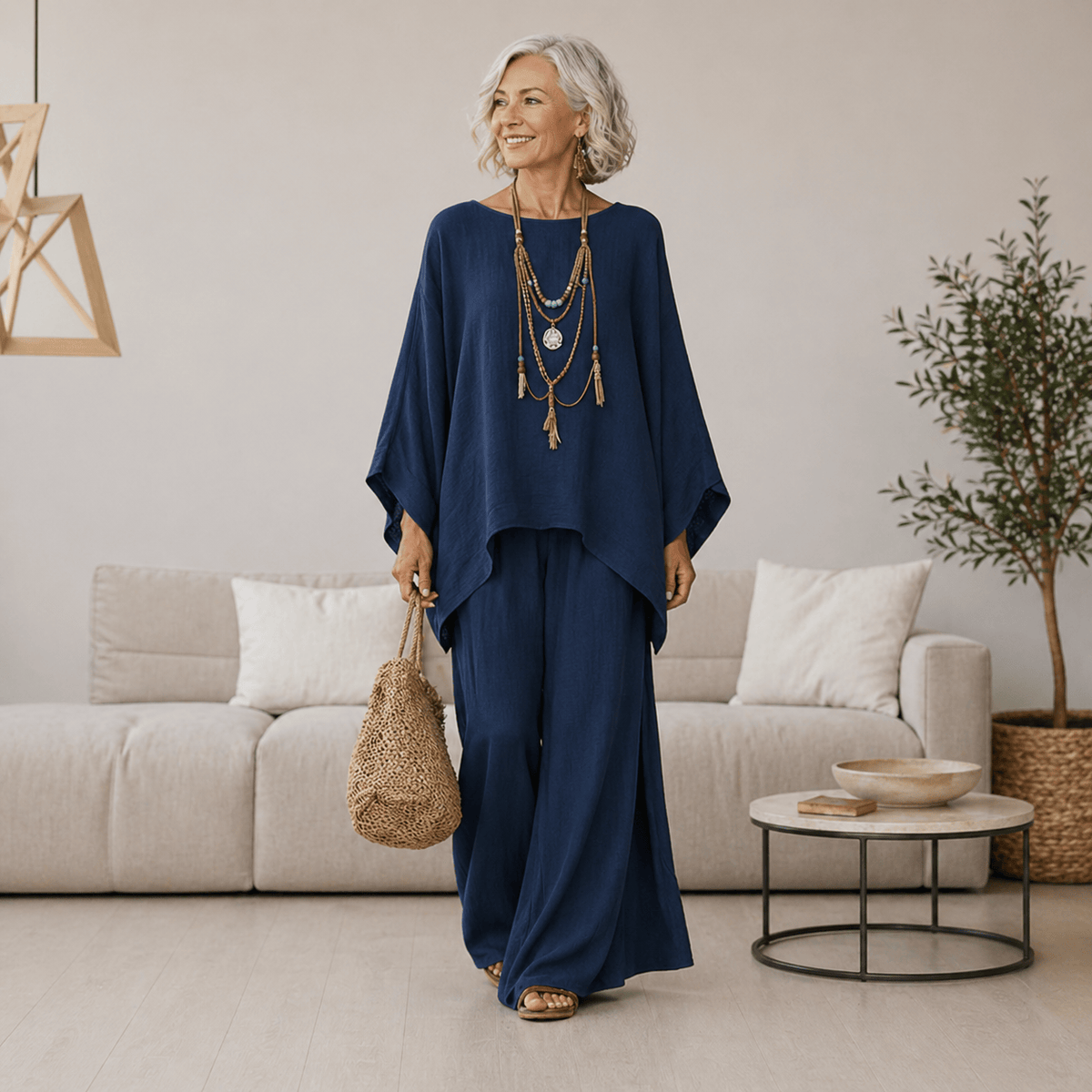Ensemble bleu marine ample: tunique et pantalon long assortis, col rond, manches chauve-souris