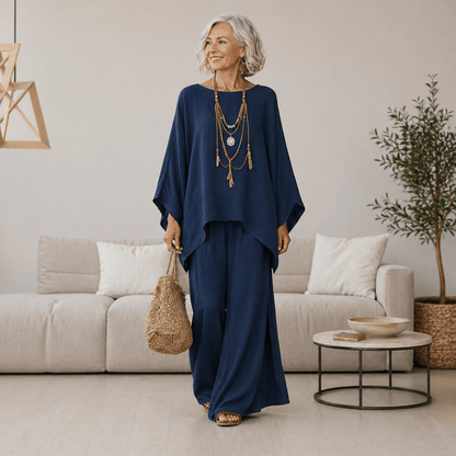 Ensemble bleu marine ample: tunique et pantalon long assortis, col rond, manches chauve-souris