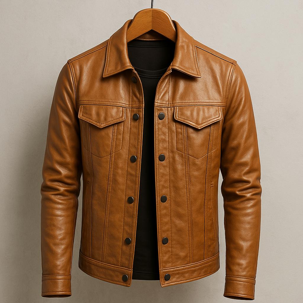 Veste en cuir marron Camden, col à revers, fermeture boutonnée, poches poitrine
