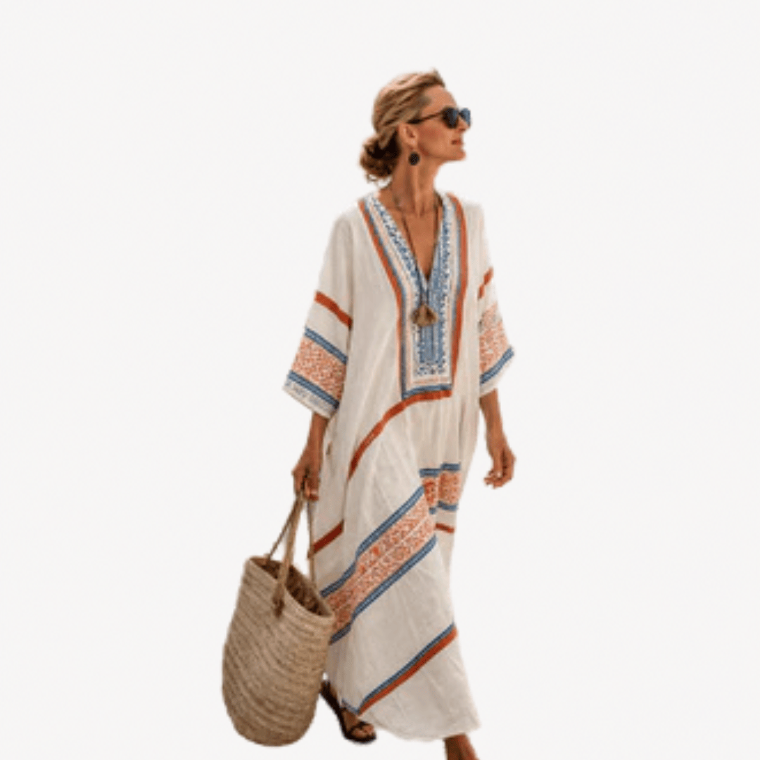 Caftan long blanc cassé à encolure en V, manches courtes, bordures brodées bleu et orange