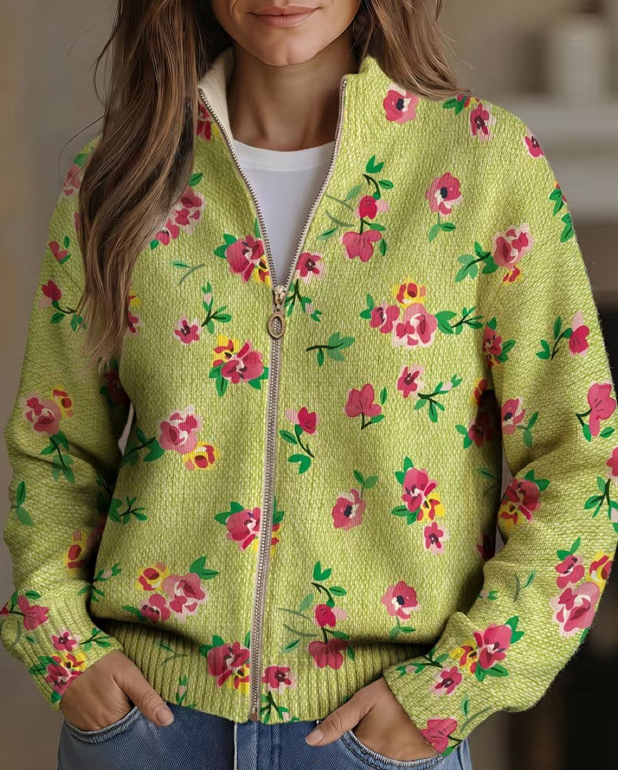 Constance | Cardigan zippé floral rose et lime