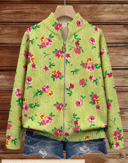 Constance | Cardigan zippé floral rose et lime