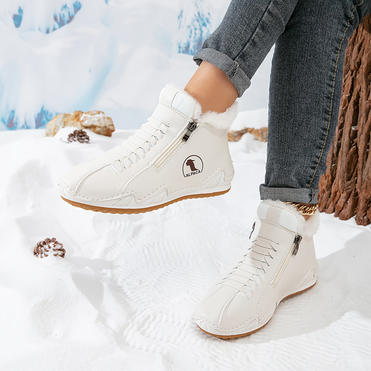 Bottines d’hiver blanches à zip, col fourré et semelle crantée antidérapante