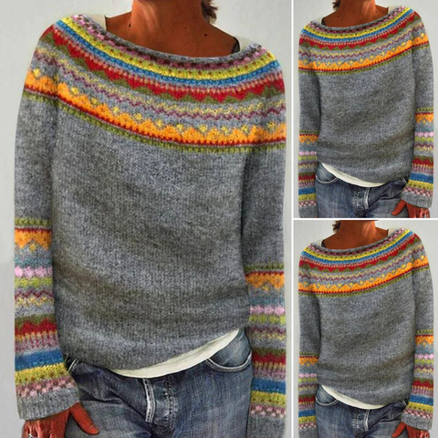 Pull en laine à manches longues, col rond gris chiné, tricot rayé multicolore.